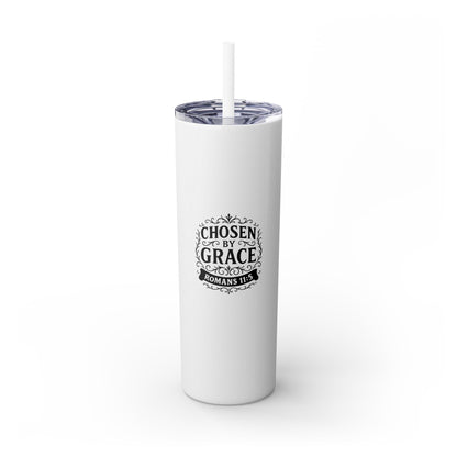 Chosen by Grace (Black Lettering) Stylish Skinny Tumbler with Straw, 20oz - Perfect Gift for Believers, Travel Mug, Insulated Drinkware, Inspirational Cup - Cross Apparel USA