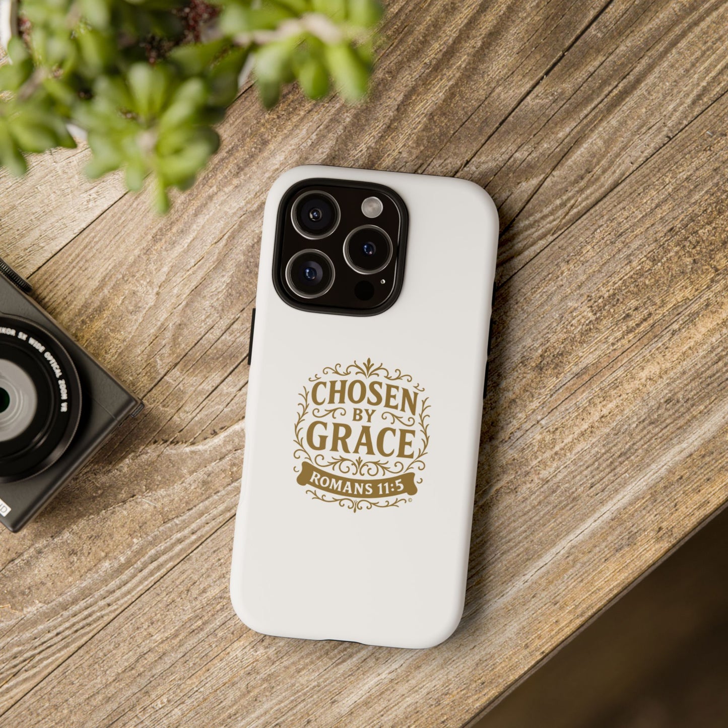Chosen by Grace (Gold Lettering), Rugged Phone Case, Inspirational Mobile Cover, Gift for Faith Lovers, Faith-Based Protector - Cross Apparel USA