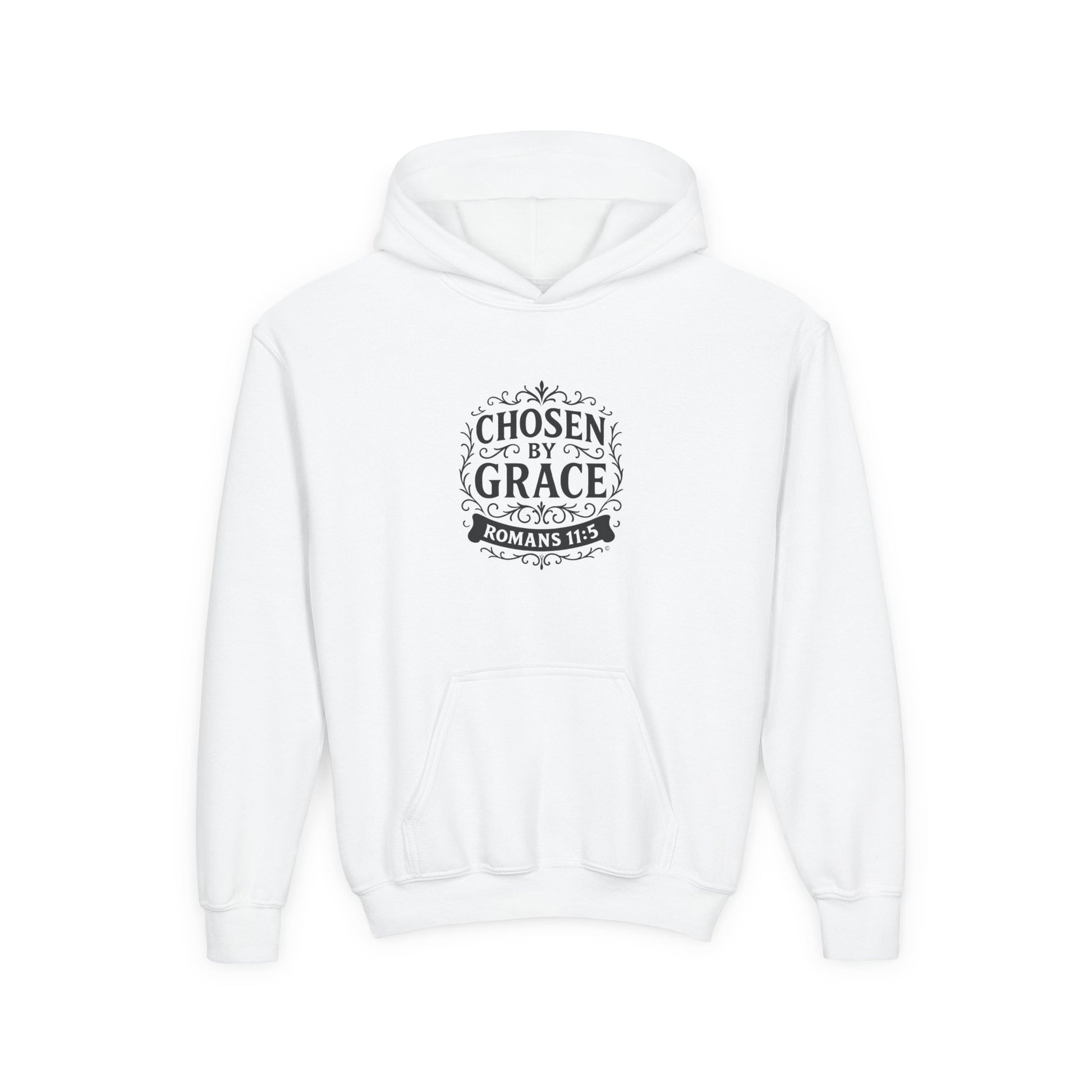 Chosen by Grace (Black Lettering) Youth Heavy Blend Hooded Sweatshirt - Cross Apparel USA