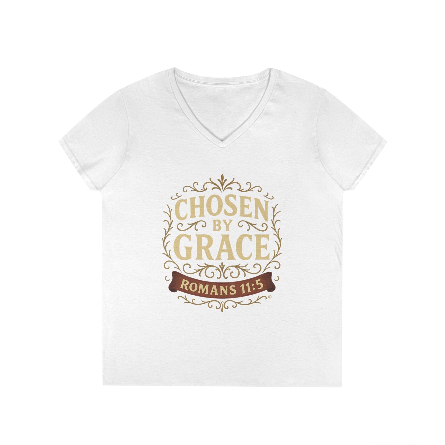 Chosen by Grace (Full Color) Ladies V-Neck T-Shirt, Inspirational Gift, Faith-Based Gift