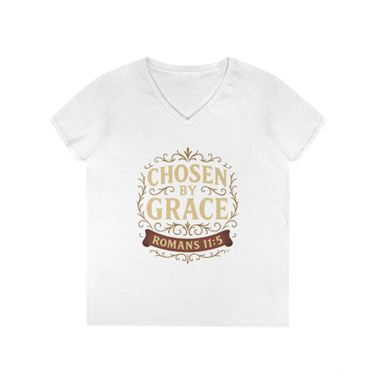 Chosen by Grace (Full Color) Ladies V-Neck T-Shirt, Inspirational Gift, Faith-Based Gift