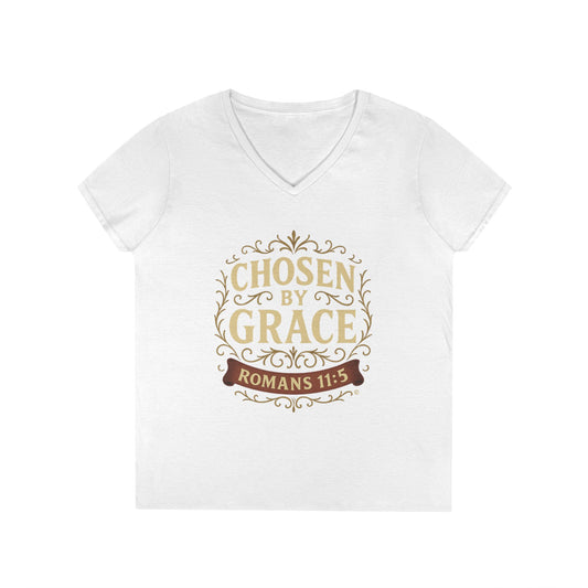 Chosen by Grace (Full Color) Ladies V-Neck T-Shirt, Inspirational Gift, Faith-Based Gift