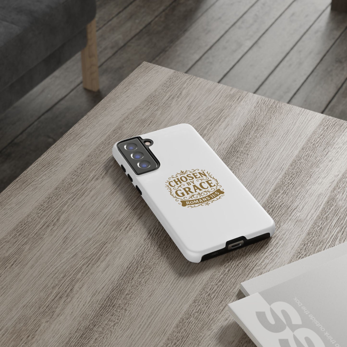 Chosen by Grace (Gold Lettering), Rugged Phone Case, Inspirational Mobile Cover, Gift for Faith Lovers, Faith-Based Protector