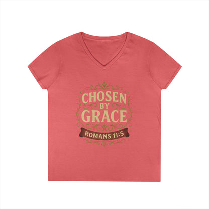 Chosen by Grace (Full Color) Ladies V-Neck T-Shirt, Inspirational Gift, Faith-Based Gift