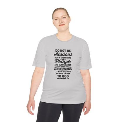 Not Anxious (Black Lettering with full design on the front side) Activewear Performance Moisture Wicking Tee, Faith-Based Workout Shirt, Inspirational Fitness Gear, Gift for Fitness Lovers, Bible Verse T-Shirt - Cross Apparel USA