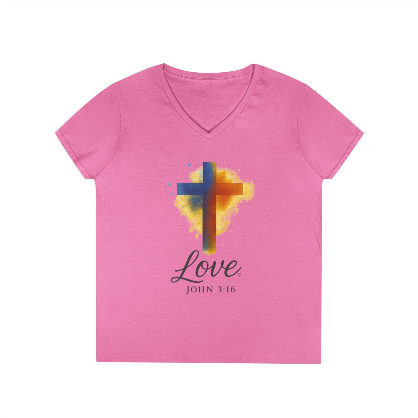 Love (Full Color) Ladies V-Neck T-Shirt, Inspirational Gift, Faith-Based Gift - Cross Apparel USA