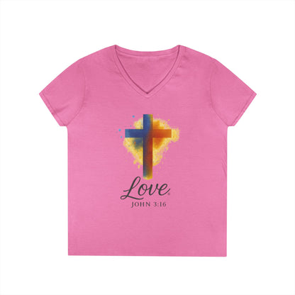 Love (Full Color) Ladies V-Neck T-Shirt, Inspirational Gift, Faith-Based Gift - Cross Apparel USA