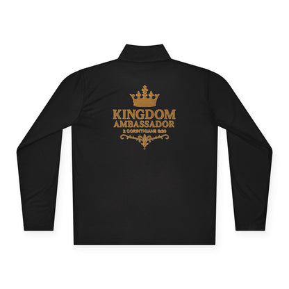 Kingdom Ambassador (Gold Lettering with Small Design on Front and Full Design on the Back Side) Stylish Unisex Quarter-Zip Pullover for Everyday Comfort, Cozy Apparel, Trendy Layering, Casual Wear, Great for Believers