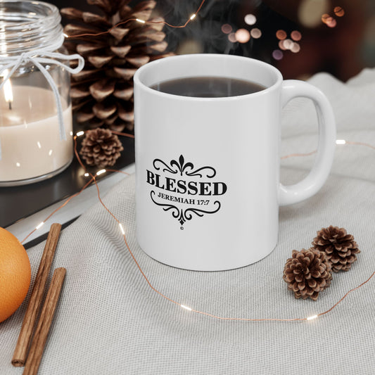 Blessed (Black Lettering) Ceramic Mug, Inspirational Gift, Coffee Cup for Faith, Gift of Believers, Devotional Drinkware (11oz, 15oz)