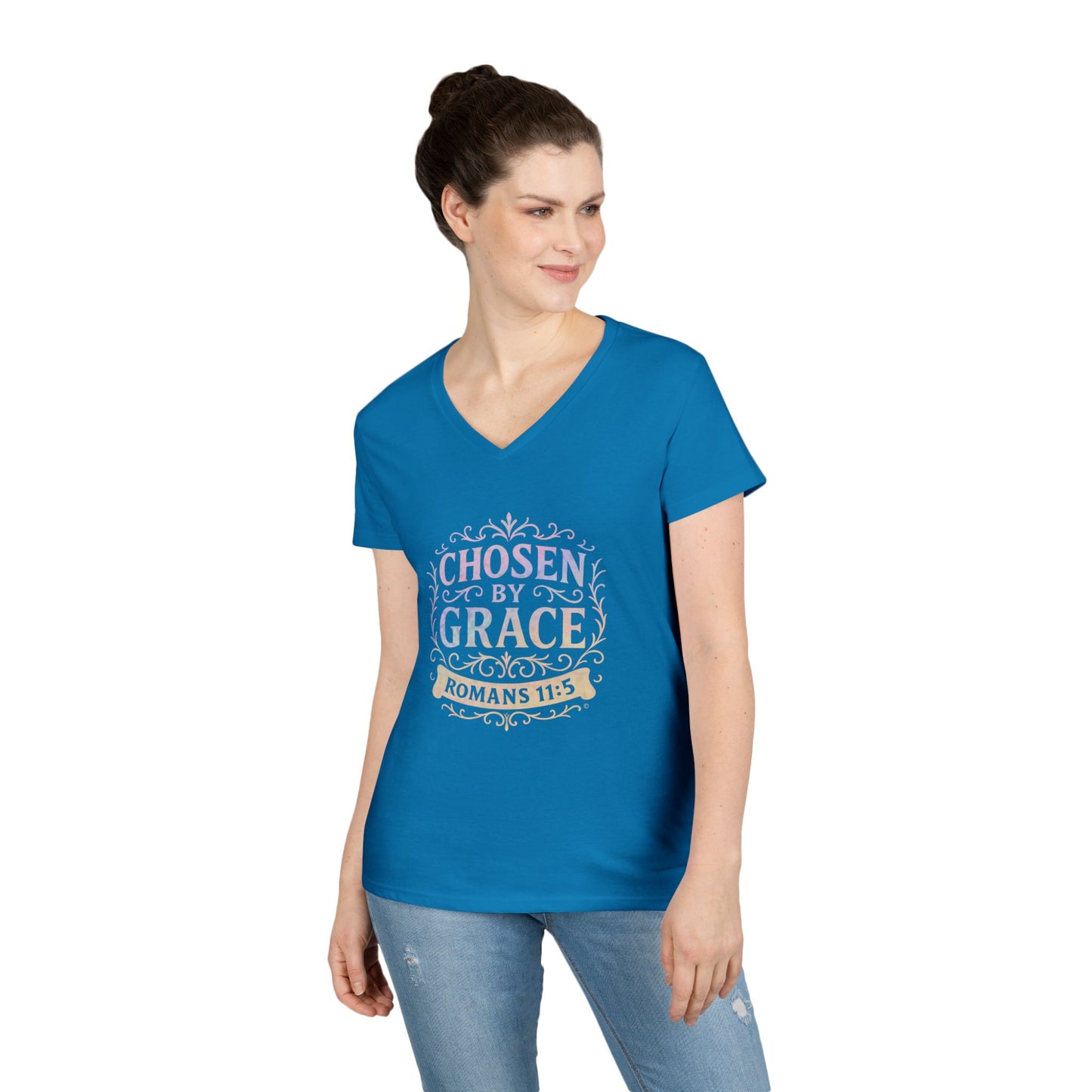 Chosen by Grace (Multi-color Limited Edition) Ladies V-Neck T-Shirt, Inspirational Gift, Faith-Based Gift