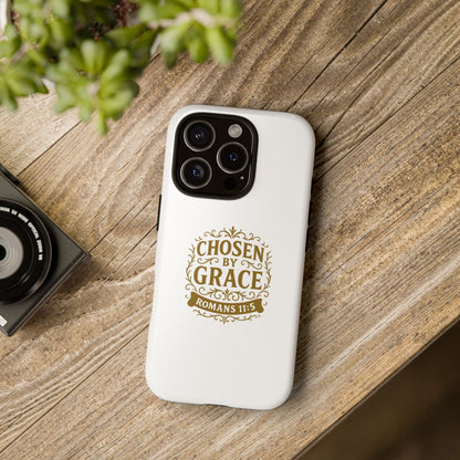 Chosen by Grace (Gold Lettering), Rugged Phone Case, Inspirational Mobile Cover, Gift for Faith Lovers, Faith-Based Protector - Cross Apparel USA