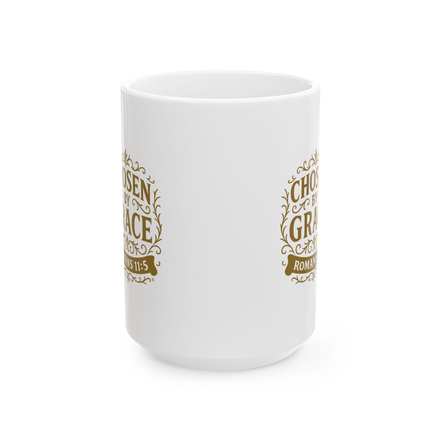Chosen by Grace (Gold Lettering) Ceramic Mug, Inspirational Gift, Coffee Cup for Faith, Gift of Believers, Devotional Drinkware (11oz, 15oz) - Cross Apparel USA