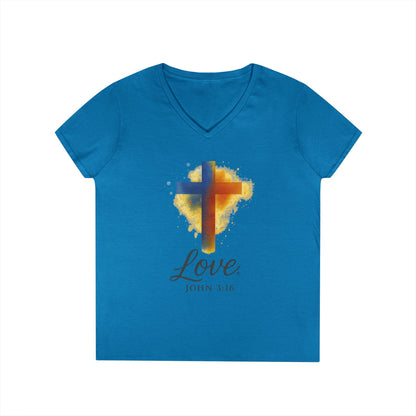 Love (Full Color) Ladies V-Neck T-Shirt, Inspirational Gift, Faith-Based Gift - Cross Apparel USA