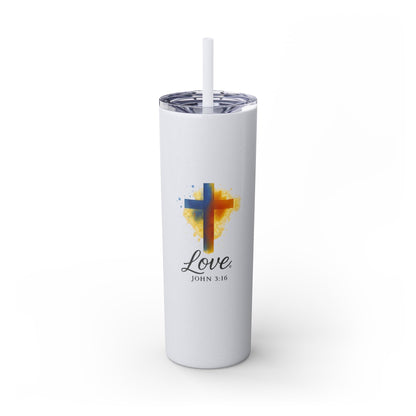 Love (Full Color) Skinny Tumbler with Straw, 20oz, Inspirational Drinkware, Gift for Believers, Devotional Accessory, Everyday Use