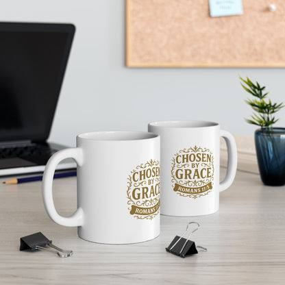 Chosen by Grace (Gold Lettering) Ceramic Mug, Inspirational Gift, Coffee Cup for Faith, Gift of Believers, Devotional Drinkware (11oz, 15oz)