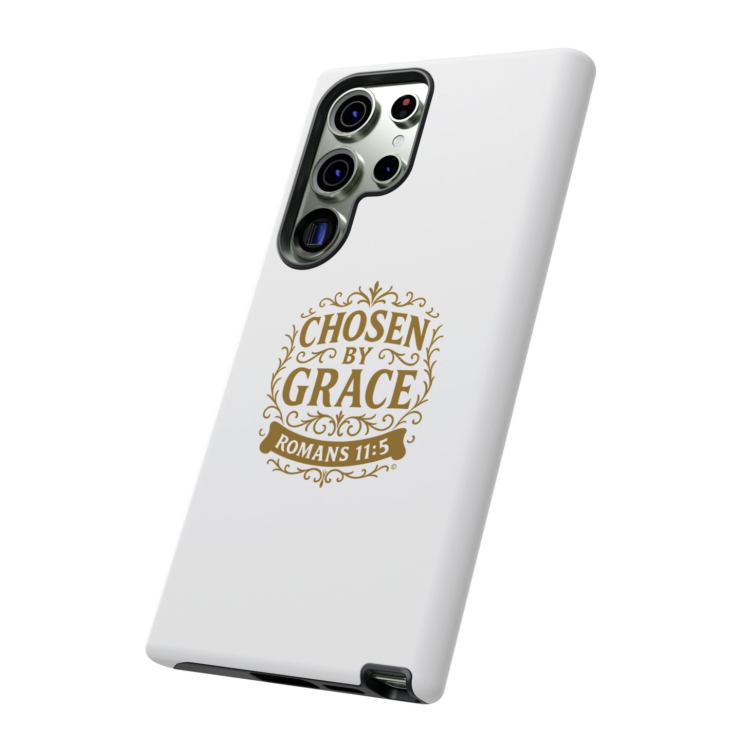 Chosen by Grace (Gold Lettering), Rugged Phone Case, Inspirational Mobile Cover, Gift for Faith Lovers, Faith-Based Protector - Cross Apparel USA
