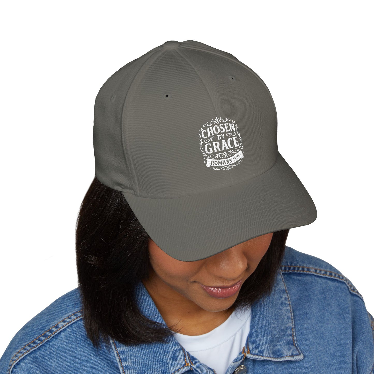 Chosen by Grace (White Lettering) Embroidered Cap - Stylish Flex Fit Closed-Back Hat, Perfect for Events, Gifts, and Celebrations