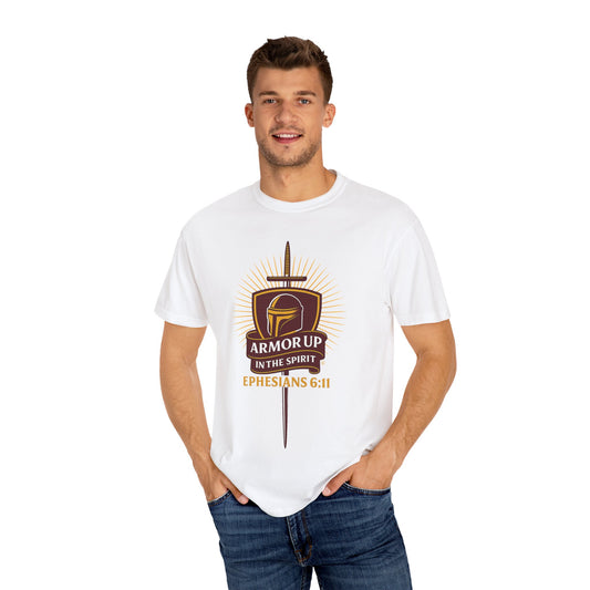 Armor Up (Burgundy & Gold Lettering) Unisex Faith Tee, Relaxed Fit Shirt, Inspirational Apparel, Gift for Believers