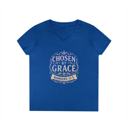 Chosen by Grace (Multi-color Limited Edition) Ladies V-Neck T-Shirt, Inspirational Gift, Faith-Based Gift