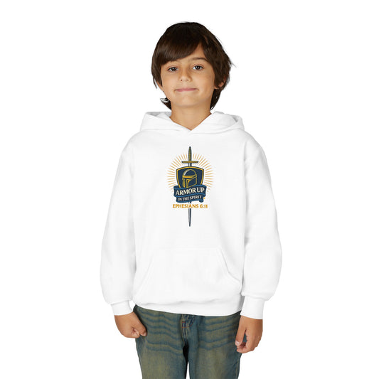 Armor Up (Blue & Gold Lettering) Youth Hooded Sweatshirt: Inspirational Shirt for Kids, Faith-Based Apparel, Gifts for Believers