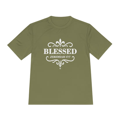 Blessed (White Lettering) Unisex Activewear Performance Moisture Wicking Tee, Faith-Based Workout Shirt, Inspirational Fitness Gear, Gift for Fitness Lovers, Bible Verse T-Shirt - Cross Apparel USA