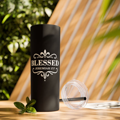 Blessed (White Lettering) 20oz Skinny Tumbler, Inspirational Travel Mug, Unique Gift for Faith Lovers, Bible Verse Drinkware, Motivational Water Bottle