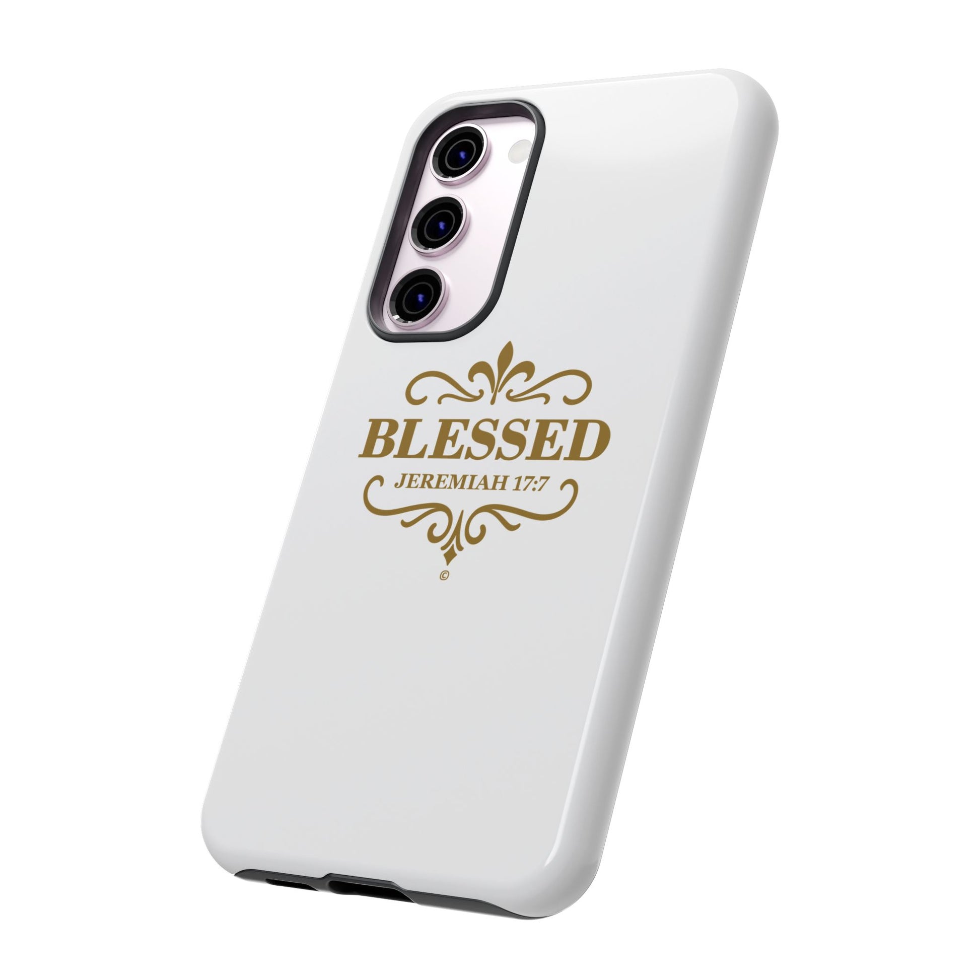Blessed (Gold Lettering), Rugged Phone Case, Inspirational Mobile Cover, Gift for Faith Lovers, Faith-Based Protector - Cross Apparel USA