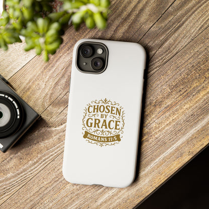 Chosen by Grace (Gold Lettering), Rugged Phone Case, Inspirational Mobile Cover, Gift for Faith Lovers, Faith-Based Protector - Cross Apparel USA