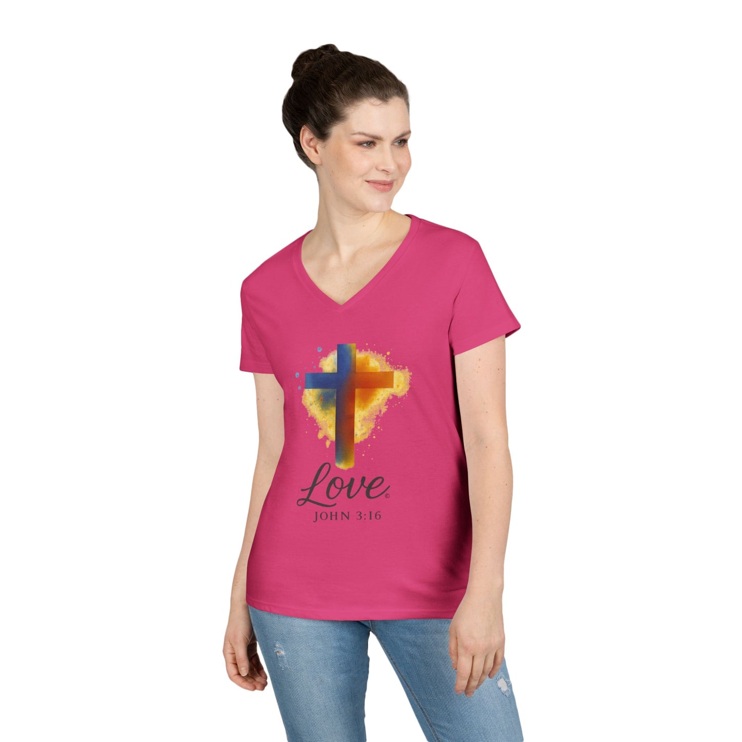 Love (Full Color) Ladies V-Neck T-Shirt, Inspirational Gift, Faith-Based Gift - Cross Apparel USA