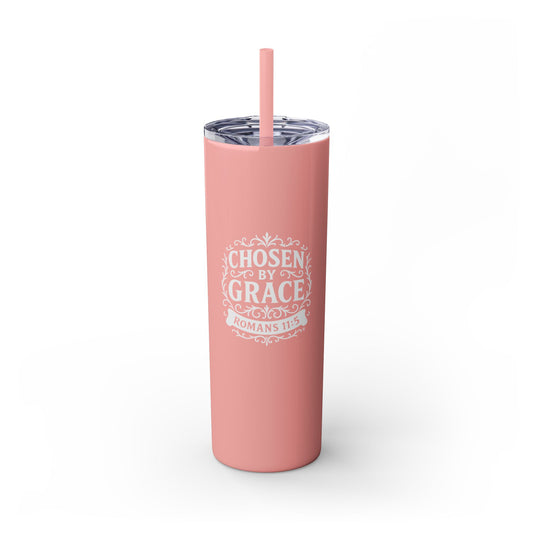 Chosen by Grace (White Lettering) 20oz Skinny Tumbler, Inspirational Travel Mug, Unique Gift for Faith Lovers, Bible Verse Drinkware, Motivational Water Bottle
