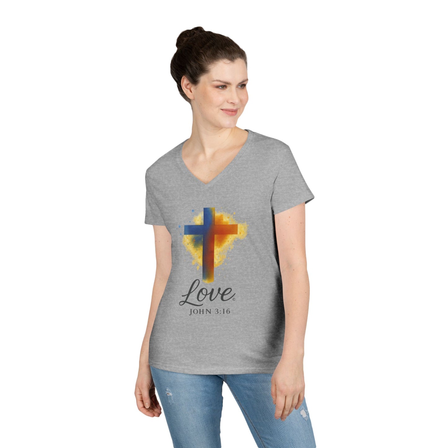 Love (Full Color) Ladies V-Neck T-Shirt, Inspirational Gift, Faith-Based Gift - Cross Apparel USA