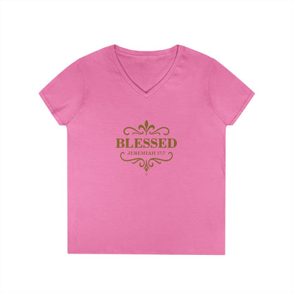 Blessed (Gold Lettering) Ladies V-Neck T-Shirt, Inspirational Gift, Faith-Based Gift - Cross Apparel USA