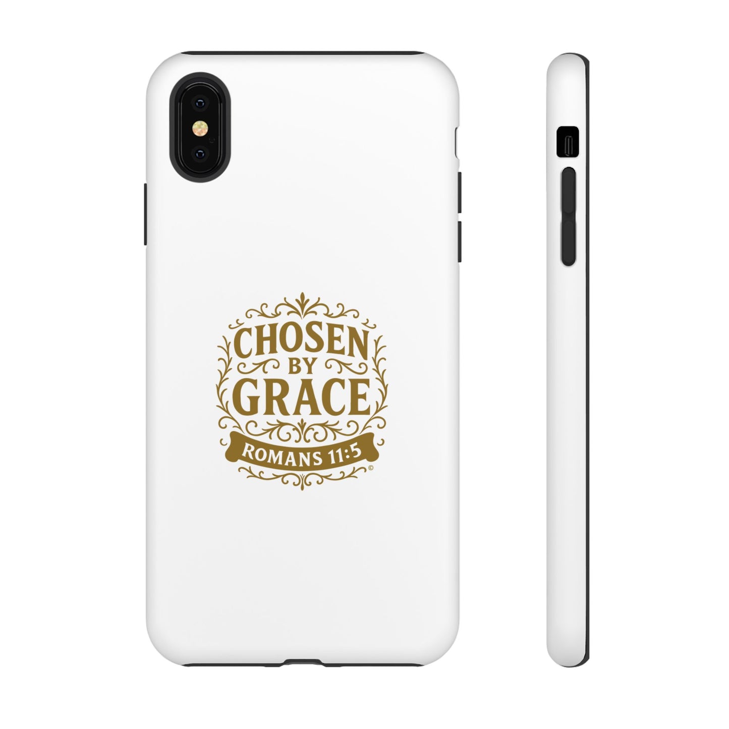 Chosen by Grace (Gold Lettering), Rugged Phone Case, Inspirational Mobile Cover, Gift for Faith Lovers, Faith-Based Protector - Cross Apparel USA