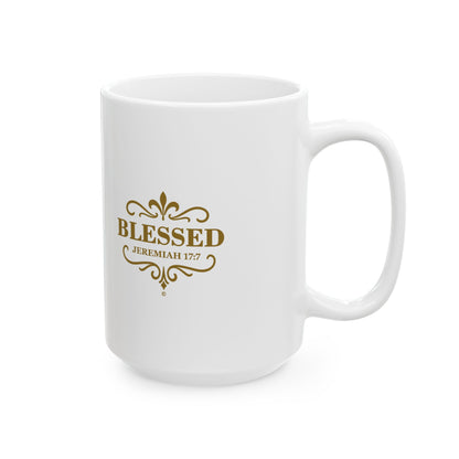 Blessed (Gold Lettering) Ceramic Mug, Inspirational Gift, Coffee Cup for Faith, Gift of Believers, Devotional Drinkware (11oz, 15oz) - Cross Apparel USA