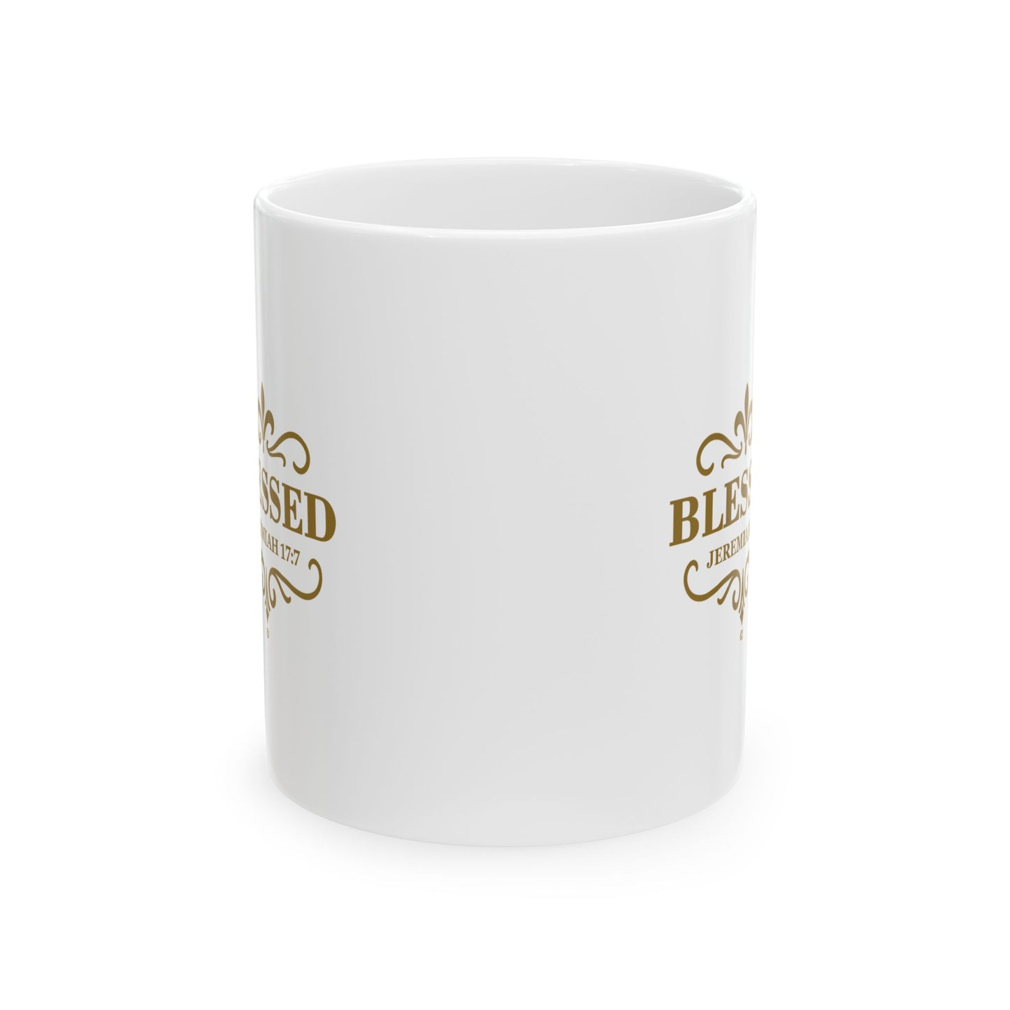 Blessed (Gold Lettering) Ceramic Mug, Inspirational Gift, Coffee Cup for Faith, Gift of Believers, Devotional Drinkware (11oz, 15oz) - Cross Apparel USA