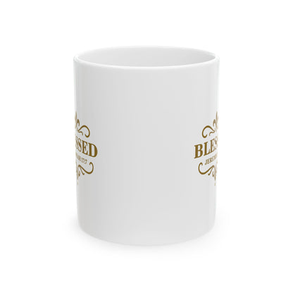 Blessed (Gold Lettering) Ceramic Mug, Inspirational Gift, Coffee Cup for Faith, Gift of Believers, Devotional Drinkware (11oz, 15oz) - Cross Apparel USA