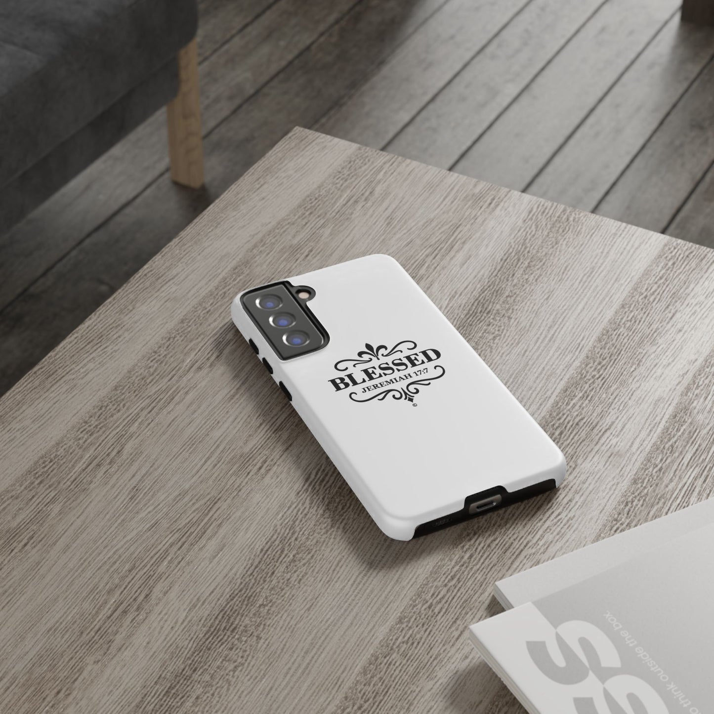 Blessed (Black Lettering), Rugged Phone Case, Inspirational Mobile Cover, Gift for Faith Lovers, Faith-Based Protector