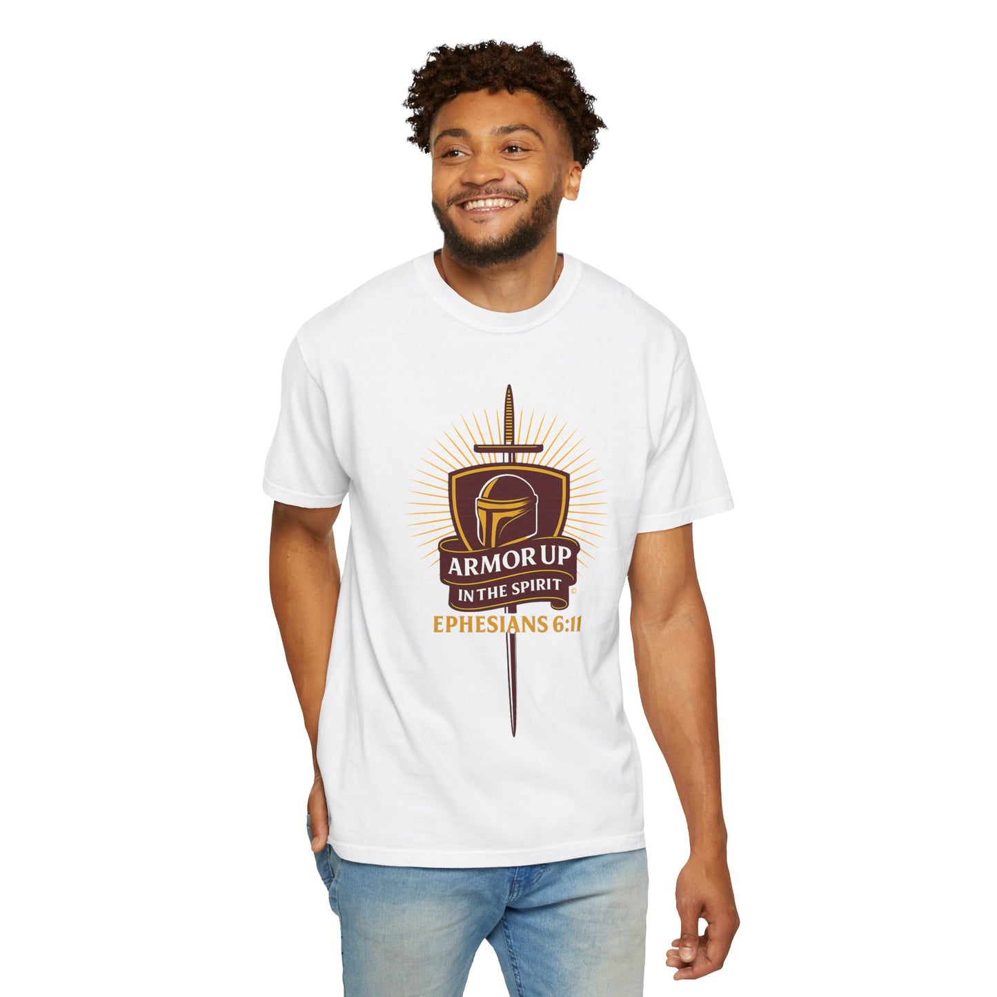 Armor Up (Burgundy & Gold Lettering) Unisex Faith Tee, Relaxed Fit Shirt, Inspirational Apparel, Gift for Believers
