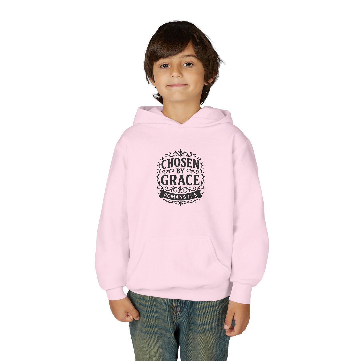 Chosen by Grace (Black Lettering) Youth Heavy Blend Hooded Sweatshirt