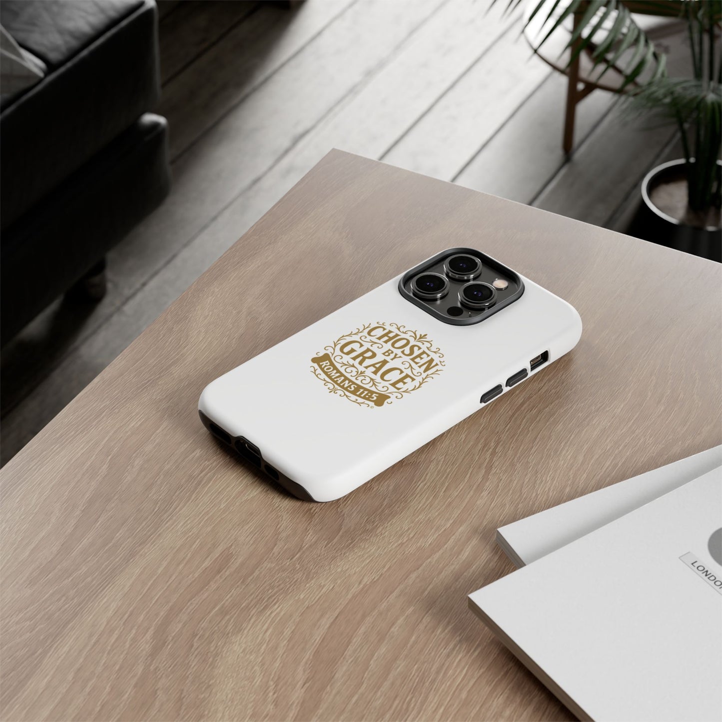 Chosen by Grace (Gold Lettering), Rugged Phone Case, Inspirational Mobile Cover, Gift for Faith Lovers, Faith-Based Protector - Cross Apparel USA