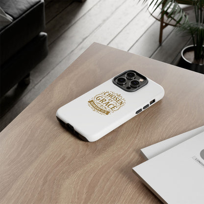 Chosen by Grace (Gold Lettering), Rugged Phone Case, Inspirational Mobile Cover, Gift for Faith Lovers, Faith-Based Protector - Cross Apparel USA