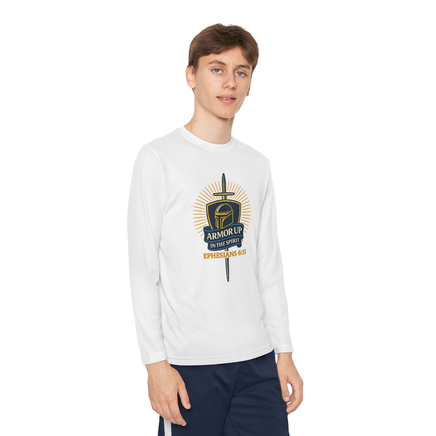 Armor Up (Blue & Gold Lettering) Youth Long Sleeve Armor Up Tee - Inspirational Shirt for Kids, Faith-Based Apparel, Gifts for Believers