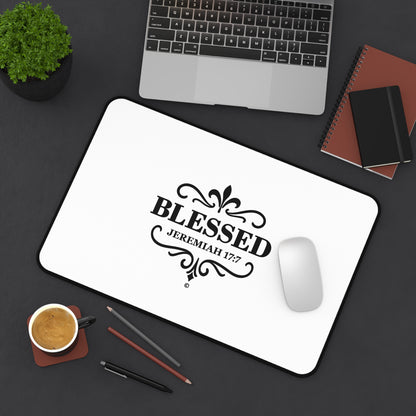 Blessed (Black Lettering) Desk Mat - Inspirational Office Decor, Christian Gift, Desk Accessory, Motivational Workspace - Cross Apparel USA