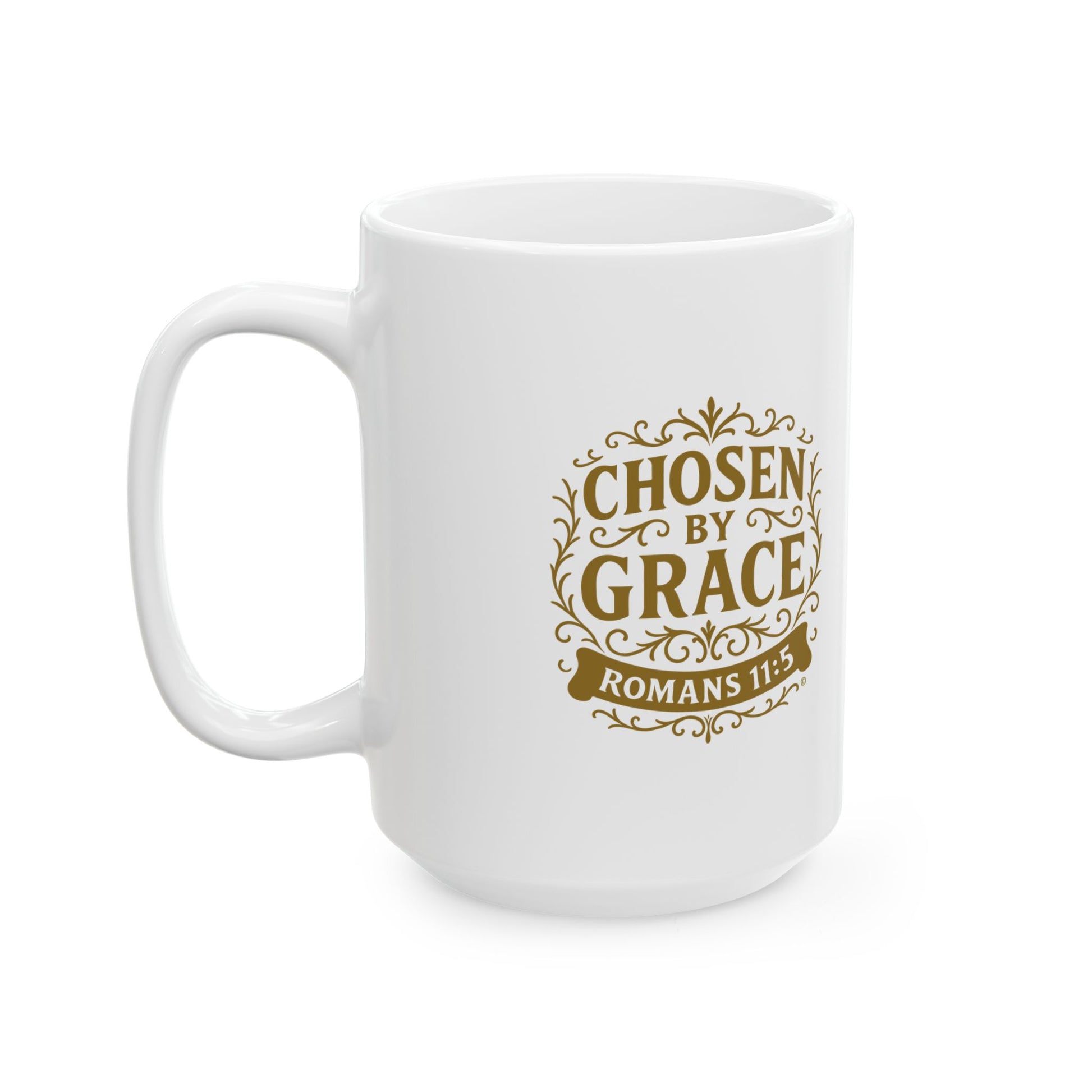 Chosen by Grace (Gold Lettering) Ceramic Mug, Inspirational Gift, Coffee Cup for Faith, Gift of Believers, Devotional Drinkware (11oz, 15oz) - Cross Apparel USA