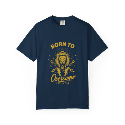 Born to Overcome (Gold Lettering) Unisex Faith Tee, Relaxed Fit Shirt, Inspirational Apparel, Gift for Believers - Cross Apparel USA