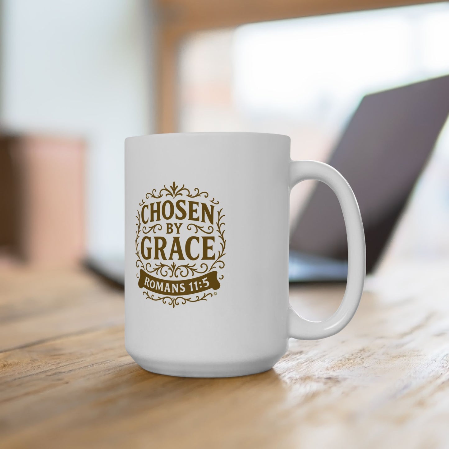 Chosen by Grace (Gold Lettering) Ceramic Mug, Inspirational Gift, Coffee Cup for Faith, Gift of Believers, Devotional Drinkware (11oz, 15oz)