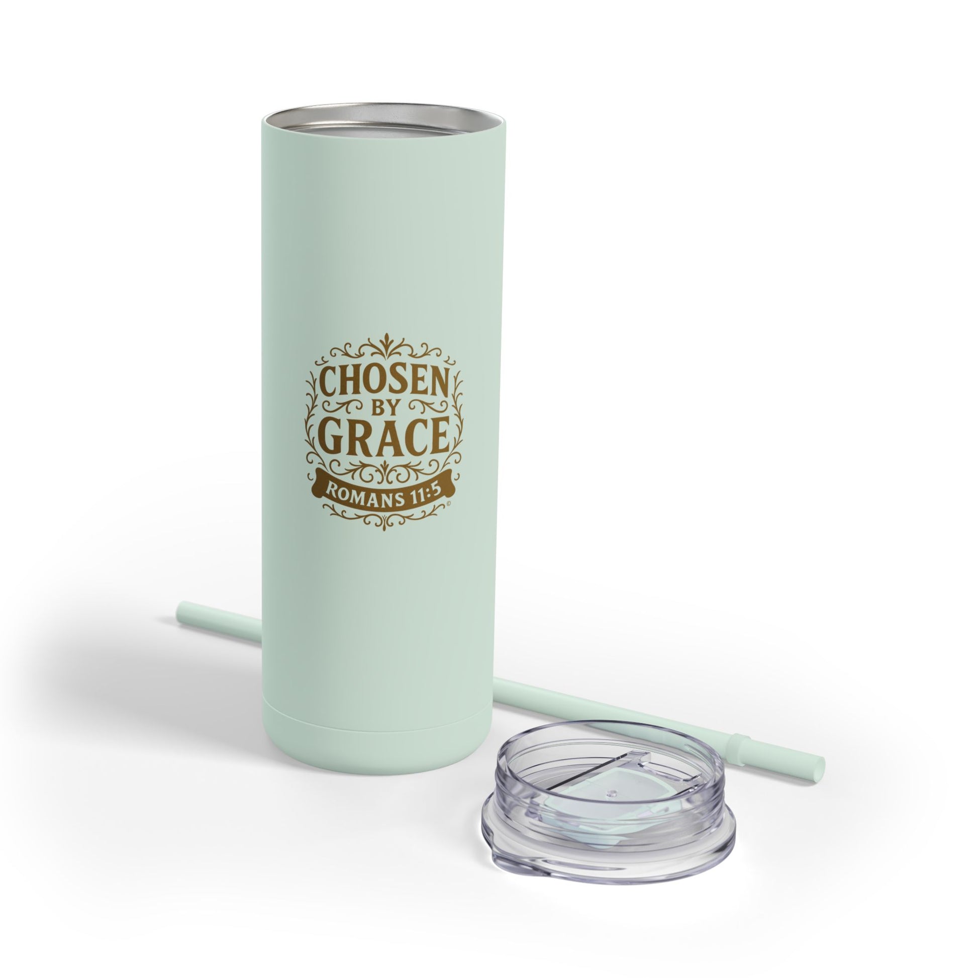 Chosen by Grace (Gold Lettering) 20oz Skinny Tumbler, Inspirational Travel Mug, Unique Gift for Faith Lovers, Bible Verse Drinkware, Motivational Water Bottle - Cross Apparel USA