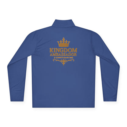 Kingdom Ambassador (Gold Lettering with Small Design on Front and Full Design on the Back Side) Stylish Unisex Quarter-Zip Pullover for Everyday Comfort, Cozy Apparel, Trendy Layering, Casual Wear, Great for Believers