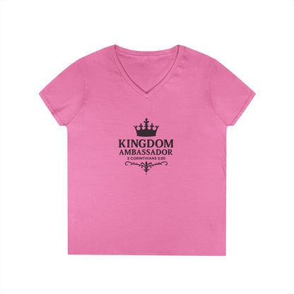 Kingdom Ambasssador (Black Lettering) Ladies V-Neck T-Shirt, Inspirational Gift, Faith-Based Gift - Cross Apparel USA