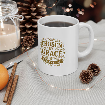 Chosen by Grace (Gold Lettering) Ceramic Mug, Inspirational Gift, Coffee Cup for Faith, Gift of Believers, Devotional Drinkware (11oz, 15oz)